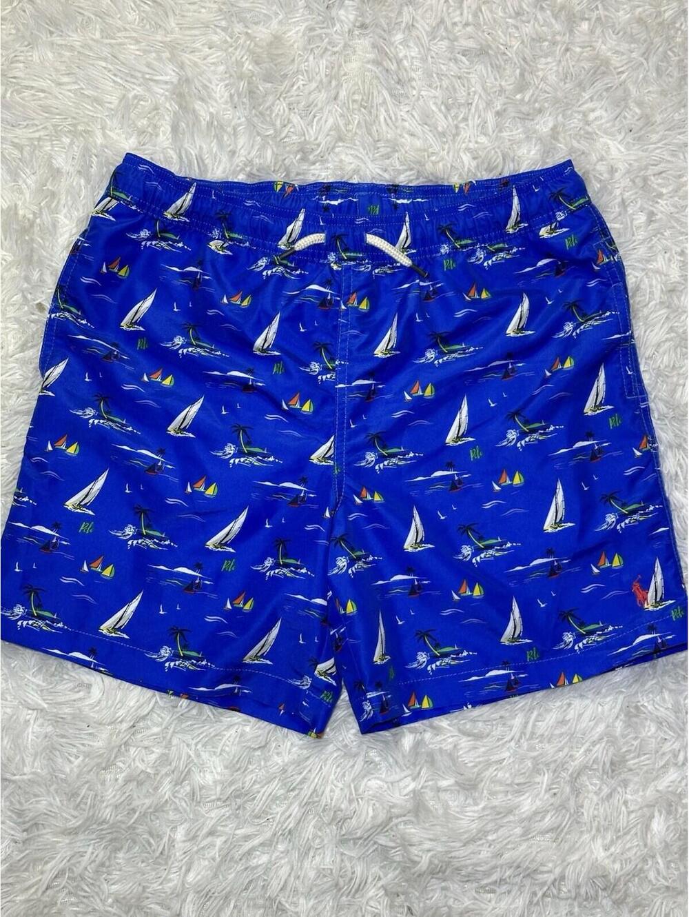 Polo Ralph Lauren Boys L 14-16 Swim Trunks Blue Sailboat Palm Tree Mesh Lined